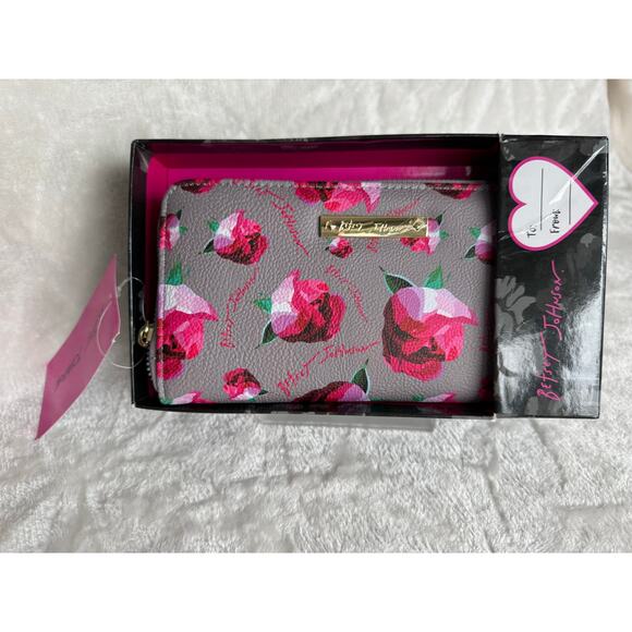 Brand New Betsey Johnson Zip Around Large Gray w/ Roses - Picture 2 of 6